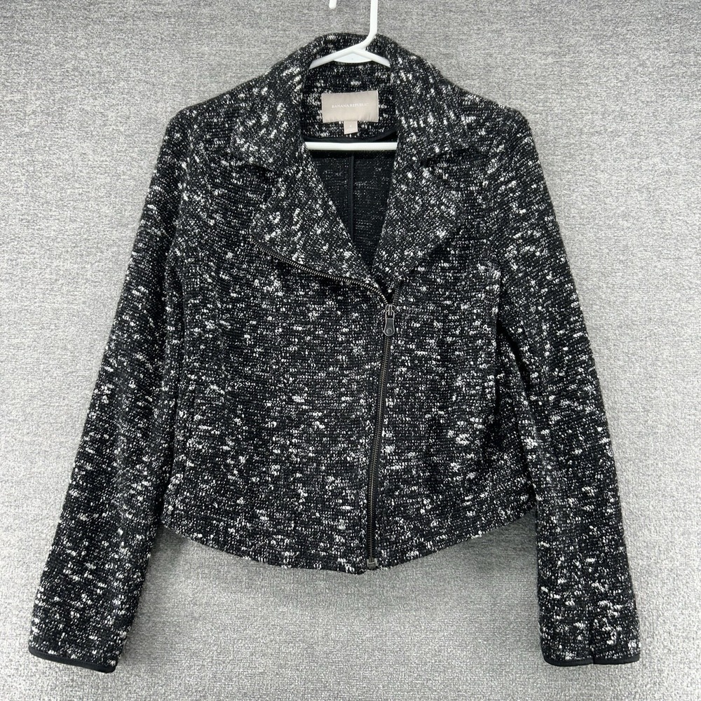 Banana Republic Womens 4 Black White Tweed Moto Jacket Asymmetrical Zip Knit